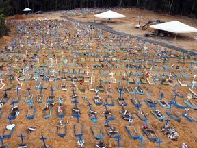 Aerial view of an area at the Nossa Senhora Aparecida cemetery where new graves have been dug in Manaus, Brazil, on Friday, May 22, 2020, amid the COVID-19 pandemic.