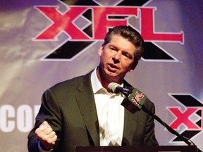 In this July 12, 2000, file photo, Vince McMahon talks during the XFL press conference at the House of Blues in Los Angeles.