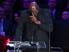 NBA legend Michael Jordan sheds tears during the memorial to celebrate the life of Kobe Bryant and daughter Gianna Bryant at Staples Center.