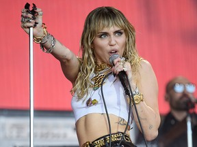 Miley Cyrus performs on the Pyramid Stage on day five of Glastonbury Festival at Worthy Farm, Pilton on June 30, 2019, in Glastonbury, England.