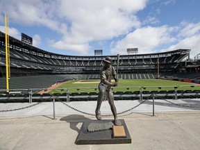 A general view of a statue of Chicago White Sox Hall of Fame player Harold Baines is seen in the outfield of Guaranteed Rate Feld, home of the White Sox, on May 8, 2020 in Chicago.