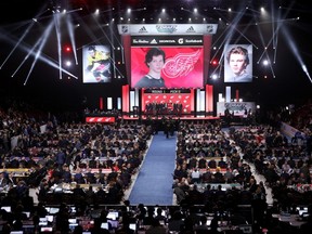 Moritz Seider reacts after being selected sixth overall by the Detroit Red Wings during the first round of the 2019 NHL draft at Rogers Arena on June 21, 2019 in Vancouver.