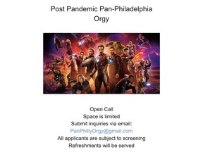A flyer advertising an Avengers-themed "Post-Pandemic Pan-Philadelphia Orgy."