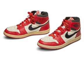 A pair of 1985 Nike Air Jordan 1s, made for and worn by U.S. basketball player Michael Jordan, are seen in an undated handout photo ahead of an online auction by Sotheby's New York.