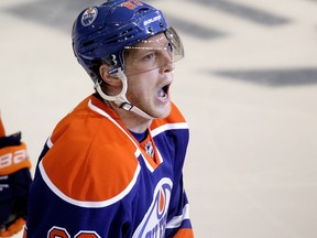 Edmonton Oilers Ales Hemsky (83) reacts after appearing to score a goal against the Tampa Bay Lightning during third period NHL action at Rexall Place in Edmonton Alta., on Sunday Jan. 5,  2014.