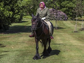 Britain's Queen Elizabeth II rides Balmoral Fern in Windsor Home Park over the weekend of May 30-31, 2020.