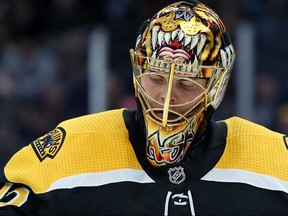 Tuukka Rask of the Boston Bruins looks on during a game against the Tampa Bay Lightning at TD Garden on October 17, 2019 in Boston.