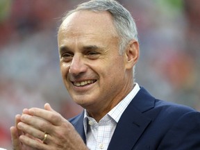 MLB Commissioner Rob Manfred looks on during the T-Mobile Home Run Derby at Nationals Park in Washington, D.C., on July 16, 2018.