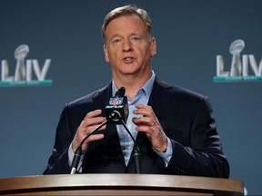 NFL commissioner Roger Goodell talks during a press conference before Super Bowl LIV at Hilton Downtown.