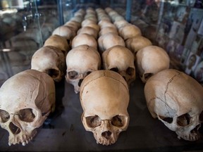 This file photo taken on March 22, 2019 shows skulls of victims of the Rwanda's 1994 genocide's at the Ntarama Genocide Memorial, in Kigali.