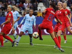Alex Morgan of the USA scores her team's fifth goal during the 2019 FIFA Women's World Cup France group F match between USA and Thailand at Stade Auguste Delaune on June 11, 2019, in Reims, France.