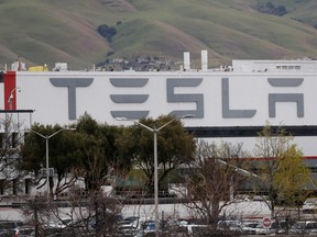 A view of Tesla's U.S. vehicle factory in Fremont, California, March 18, 2020.