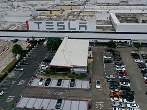 An aerial view of the Tesla Fremont Factory on Tuesday, May 12, 2020 in Fremont, Calif.
