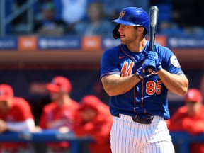 New York Mets outfielder Tim Tebow stands at the plate against the St. Louis Cardinals at Clover Park.