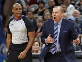 Tom Thibodeau of the Minnesota Timberwolves goes wild after a turnover on October 17, 2018 in San Antonio.