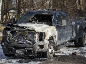 A burned-out tow truck in a residential area on Wood Ln. in Richmond Hill on Monday, Dec. 23, 2019.