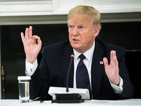 U.S. President Donald Trump speaks during a roundtable in the State Dining Room of the White House May 18, 2020 in Washington, D.C.