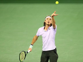 Greece's Stefanos Tsitsipas is seen in action during his Final match against Serbia's Novak Djokovic Dubai Tennis Championships at Dubai Duty Free Tennis Stadium, in Dubai, United Arab Emirates, on Feb. 29, 2020.