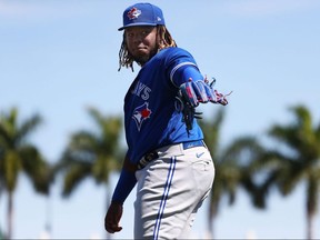 Toronto Blue Jays third baseman Vladimir Guerrero Jr. looks on against the Pittsburgh Pirates at LECOM Park.