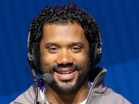 NFL quarterback Russell Wilson of the Seattle Seahawks speaks onstage during day 2 of SiriusXM at Super Bowl LIV on Jan. 30, 2020, in Miami, Fla.