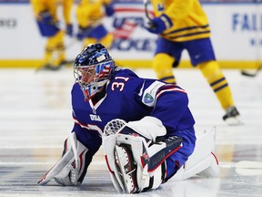 Goaltender Joseph Woll had a record of 11-16-3, an .880 save percentage and a 3.75 goals-against average with the Toronto Marlies this season.