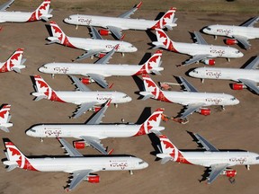 Decommissioned and suspended Air Canada commercial aircraft stored in Pinal Airpark on May 16, 2020 in Marana, Ariz.