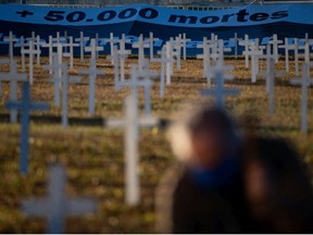 Crosses in honor of victims of coronavirus (COVID-19) in front Nacional Congress on June 28, 2020 in Brasilia.