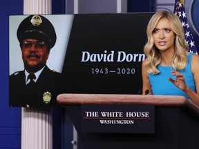 White House Press Secretary Kayleigh McEnany notes the deaths of several police officers during a news conference, including retired St. Louis Police Captain David Dorn, June 03, 2020 in Washington, D.C.