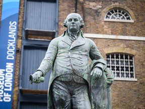 A statue of Robert Milligan is seen outside the Museum of London Docklands on June 8, 2020 in London, England. Robert Milligan was a noted West Indian merchant, slaveholder and founder of London's global trade hub, West India Docks.  (Photo by Leon Neal/Getty Images)