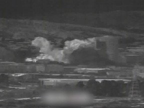 An image from a thermal observation device (TOD) shows the explosion of an inter-Korean liaison office in North Korea's Kaesong Industrial Complex, as seen from a South Korean observation post on June 16, 2020 in Paju, South Korea.