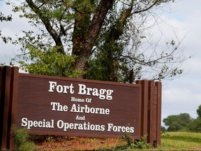 A sign of Fort Bragg is seen in Fayetteville, N.C., Sept. 26, 2014.