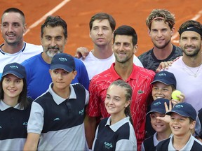 Serbia's Viktor Troicki, Nenad Zimonjic, Dusan Lajovic, Novak Djokovic, Austria's Dominic Thiem and Bulgaria's Grigor Dimitrov during Adria Tour at Novak Tennis Centre in Belgrade, Serbia, June 12, 2020.
