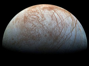 A view of Jupiter's moon Europa created from images taken by NASA's Galileo spacecraft in the late 1990's, according to NASA, obtained by Reuters May 14, 2018.