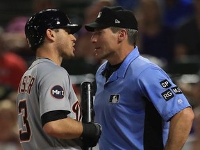 Ian Kinsler of the Detroit Tigers after being ejected by home plate umpire, Angel Hernandez during play against the Texas Rangers at Globe Life Park in Arlington on August 14, 2017 in Arlington, Texas.