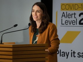 New Zealand's Prime Minister Jacinda Ardern takes part in a press conference about the COVID-19 coronavirus at Parliament in Wellington on June 8, 2020. AFP via Getty Images