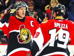 Daniel Alfredsson, celebrating his 600th career goal with linemate Jason Spezza, is looking to be inducted into the Hockey Hall of Fame in his fourth year of eligibility. Spezza, now on the Maple Leafs, feels the former Senators captain deserves the honour despite the fact his Ottawa teams enjoyed only limited post-season success.