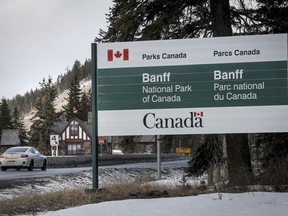 The Banff National Park entrance is shown in Banff, Alta., Tuesday, March 24, 2020.