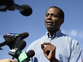 Greg Fergus, Liberal candidate for Hull-Aylmer and chair of the black caucus in Parliament, speaks to reporters during a press conference in Ottawa on Thursday, Sept. 19, 2019.