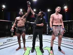 Curtis Blaydes reacts after his decision victory over Alexander Volkov in their heavyweight bout during UFC Fight Night at UFC APEX.