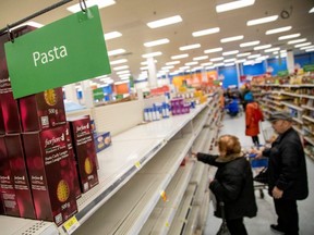 The pasta aisle is seen almost empty as people shop at a Walmart Supercentre amid coronavirus fears spreading in Toronto March 13, 2020.