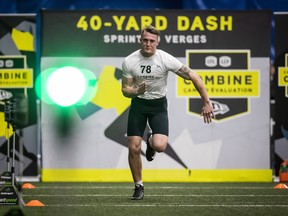 Defensive lineman Johannes Zirngibl of Germany takes part in the CFL combine last year. The CFL’s planned global combine, which has already been postponed, could soon fall victim to cost-cutting measures made necessary in the wake of COVID-19’s financial devastation.