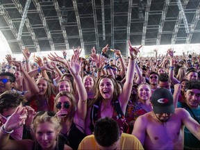 In this file photo taken on April 15, 2018 fans cheer as Petit Biscuit performs at the Coachella Music and Arts Festival in Indio, California.