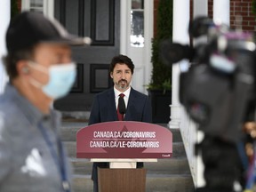 Prime Minister Justin Trudeau speaks during a news conference on the COVID-19 pandemic outside his residence at Rideau Cottage in Ottawa, on Thursday, June 18, 2020.