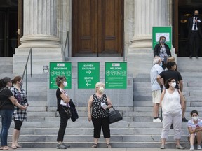 People wear face masks as they wait to enter the Museum of Fine Arts in Montreal, Saturday, June 6, 2020, as the COVID-19 pandemic continues in Canada and around the world.