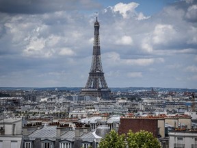 A picture taken on June 15, 2020 shows a view of the Eiffel Tower in Paris.