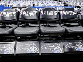 A general view of the seating area for the Toronto Raptors prior to Game 4 of the first round of the 2019 NBA Eastern Conference Playoffs between the Orlando Magic and the Toronto Raptors at the Amway Center on April 21, 2019 in Orlando, Fla.