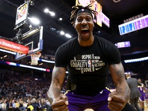 Dwight Howard of the Los Angeles Lakers reacts after Kyle Kuzma dunked the ball during the second half of their game against the Golden State Warriors at Chase Center on Feb. 27, 2020 in San Francisco, Calif.