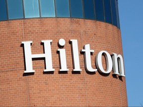 An image of the sign for Hilton Hotels as photographed on March 16,2020 in Melville, N.Y.