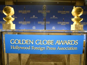 This December 11, 2014 file photo shows the stage prior to the start of the 2015 Golden Globe Awards nominations announcements in Beverly Hills.
