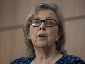 Green Party MP Elizabeth May speaks with media during a news conference Wednesday June 3, 2020 in Ottawa.